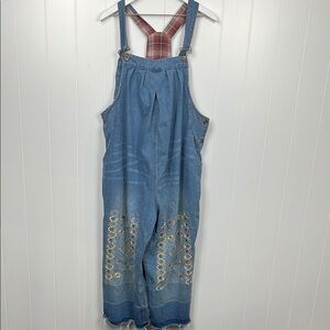 Blue Jeans Womens Overalls L Light Wash Drop Rise Wide Leg Embroidery Pockets